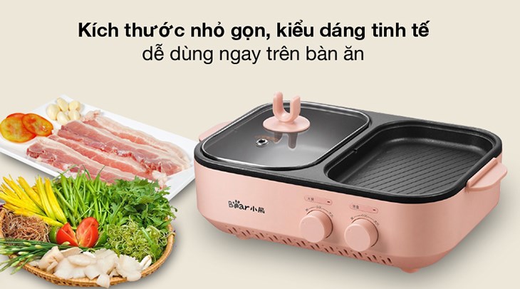 Bếp lẩu nướng đa năng Bear DKL-C12D1 sở hữu thiết kế nhỏ gọn, 2 ngăn lẩu nướng tiện lợi