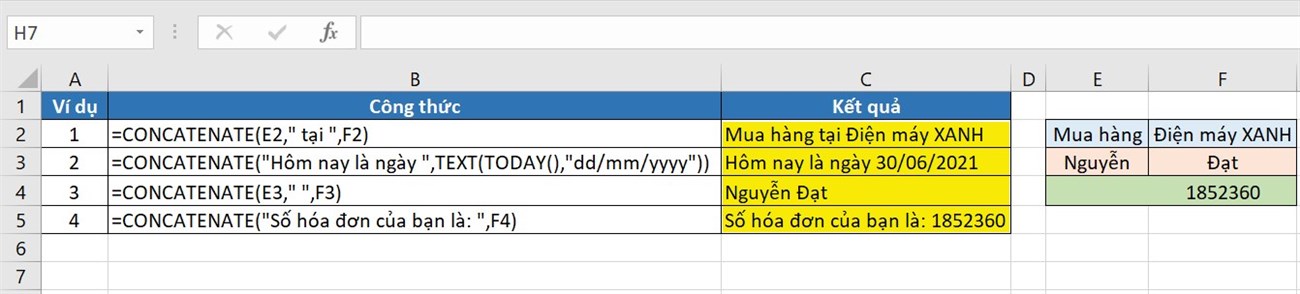 Ví dụ về nối từ, thêm ký tự