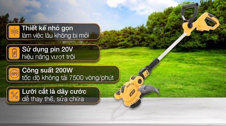 Máy cắt cỏ pin Tolsen 87372 20V cho khả năng cắt mạnh mẽ với công suất 200W cùng tốc độ không tải 7500 vòng/phút