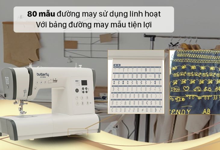 Máy may điện tử gia đình Butterfly JD1080Q được tích hợp lên đến 80 mẫu đường may