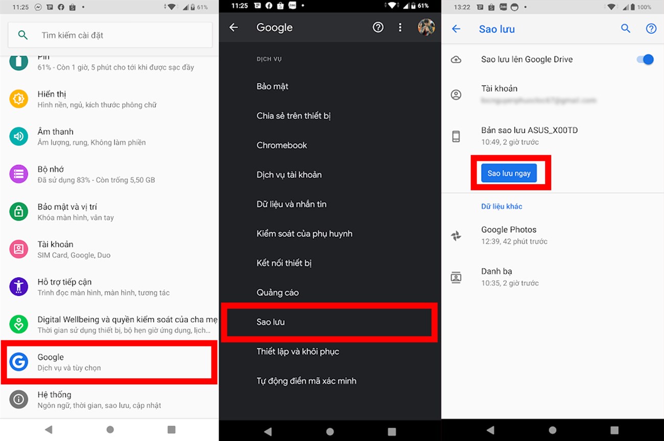 Truy cập vào phần Cài đặt > Google > nhấn chọn Sao lưu