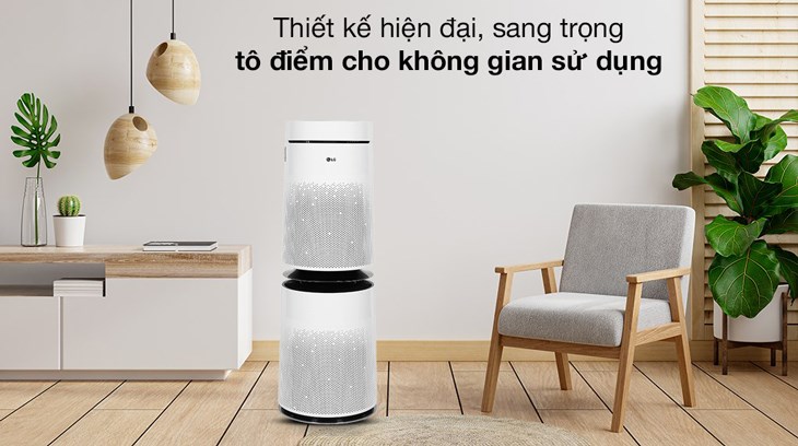 Máy lọc không khí 2 tầng LG PuriCare AS10GDWH0.ABAE 70W có thiết kế hiện đại, dáng cao, màu trắng thanh lịch, gia tăng tính thẩm mỹ cho không gian sử dụng