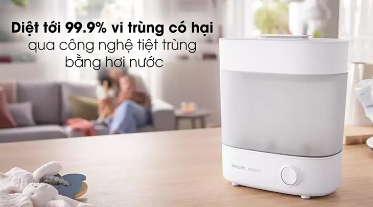 Máy tiệt trùng bình sữa 3 trong 1 Philips Avent SCF291.00 có khả năng diệt đến 99.9% vi trùng nhờ công nghệ tiệt trùng bằng hơi nước