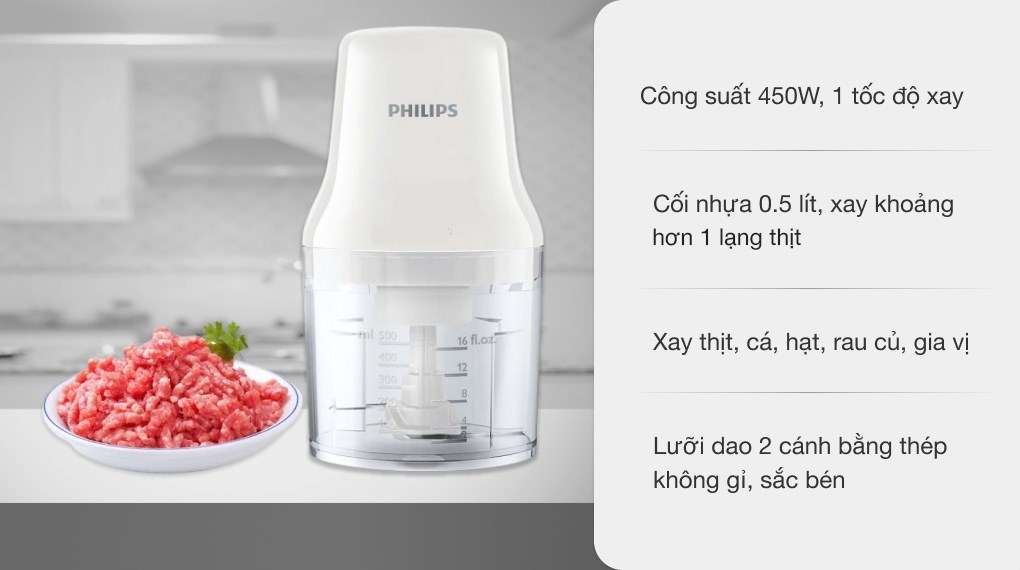 Máy xay thịt mini Philips HR1393 có công suất mạnh mẽ 450W xay nhuyễn được nhiều loại thực phẩm như thịt, cá, rau quả,...
