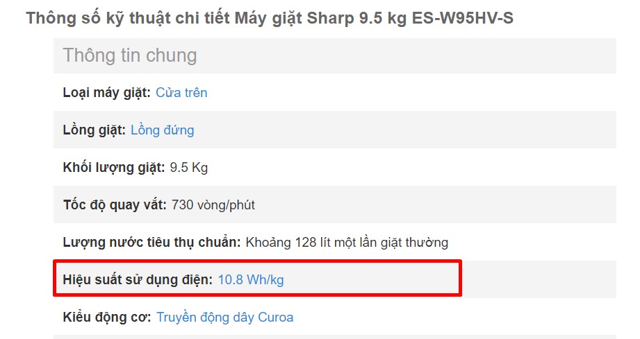 Công suất tiêu thụ điện của máy giặt
