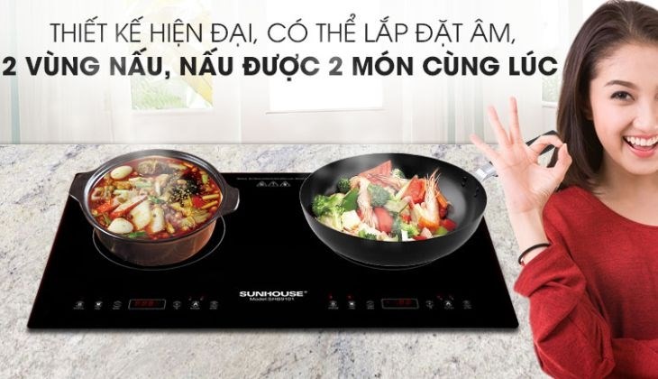 Bếp từ đôi lắp âm Sunhouse SHB9101 được trang bị 2 vùng nấu độc lập, tiện lợi để bạn chuẩn bị bữa ăn nhanh hơn