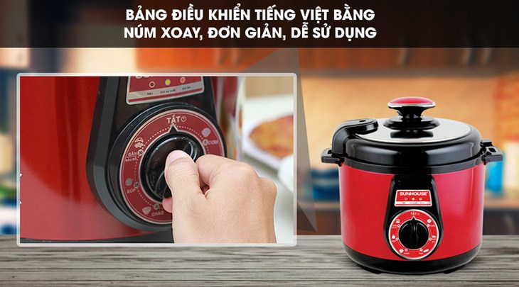 Nồi áp suất điện Sunhouse SHD-1552 5 lít sử dụng bảng điều khiển dễ hiểu, tùy chỉnh tiện lợi với núm vặn trên thân nồi