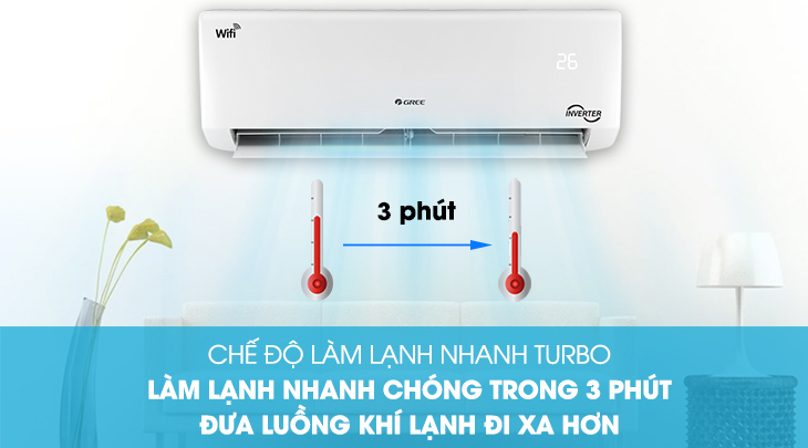 Máy lạnh Gree Inverter 1 HP GWC09PB-K3D0P4 trang bị chế độ làm lạnh nhanh Turbo giúp lạnh nhanh căn phòng chỉ trong vòng 3 phút