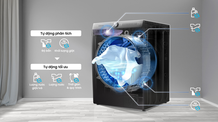 Công nghệ AI Wash cảm biến khối lượng, độ bẩn tối ưu lượng nước giặt, xả và thời gian giặt
