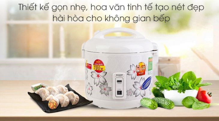 Nồi cơm điện Sharp 1.8 lít KS-N182ETV có màu trắng tươi sáng kết hợp với hoa văn tinh tế tạo nét sang trọng cho gian bếp