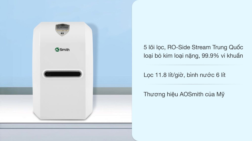 Máy lọc nước RO Aosmith E3 5 lõi hiện đại loại bỏ mọi loại chất cặn bẩn, vi khuẩn và bổ sung khoáng, cân bằng độ pH cho nguồn nước tinh khiết tốt cho sức khỏe