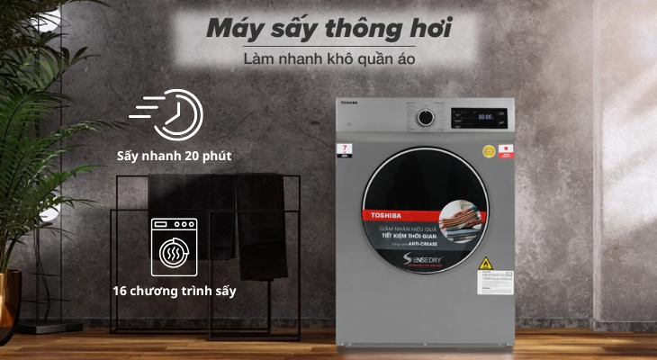 Máy sấy thông hơi 7 kg Toshiba TD-H80SEV(SK) có chế đố sấy nhanh 20 phút