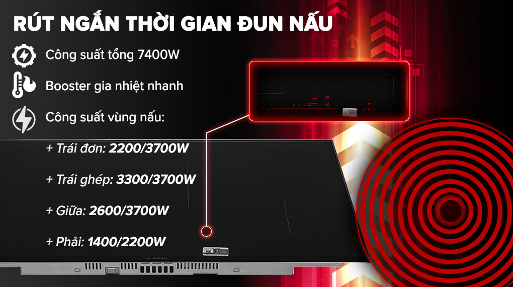 Bếp từ 4 vùng nấu lắp âm Bosch PXE875DC1E Bếp từ 4 vùng nấu lắp âm Bosch PXE875DC1E - Công suất
