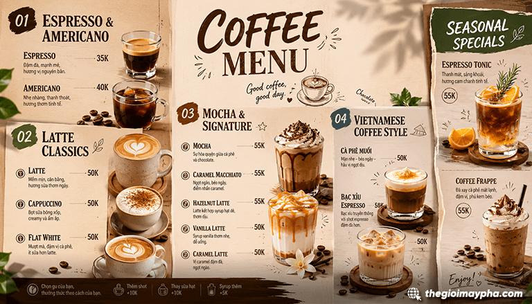 Máy pha cà phê nào phù hợp cho menu đa dạng đồ uống?