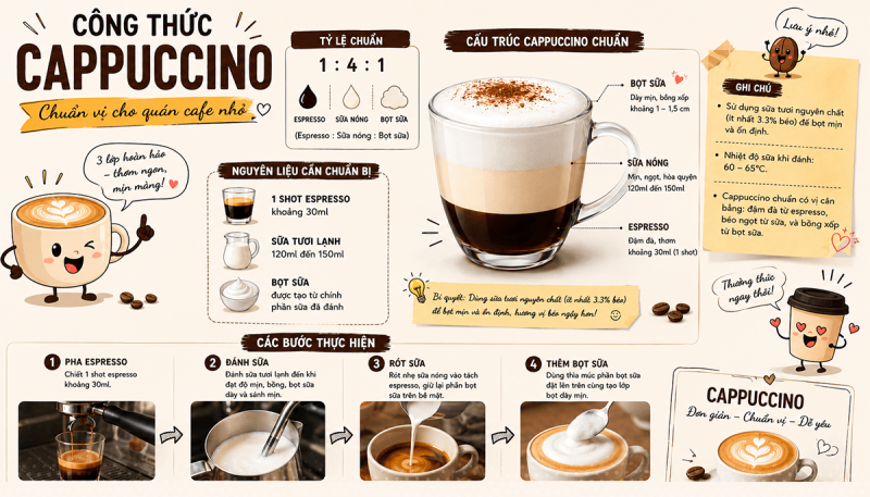 Công thức cappuccino dễ áp dụng cho quán cafe nhỏ