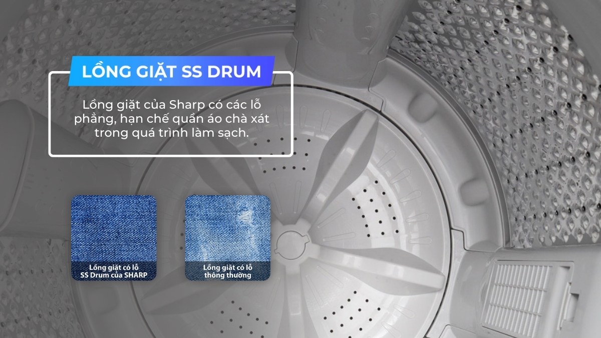 Máy Giặt Sharp 10 kg ES-Y100HV-S Lồng giặt SS Drum hạn chế làm sợi vải hư tổn