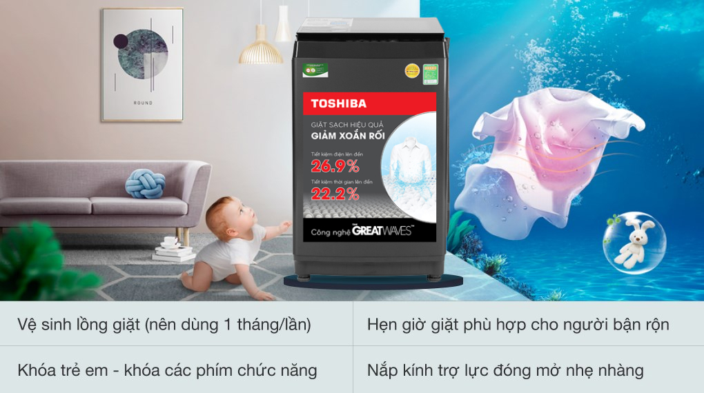 Máy Giặt Toshiba Inverter 9 kg AW-DK1000FV(KK) Máy giặt Toshiba Inverter 9.0 kg AW-DK1000FV(KK) - Khóa trẻ em