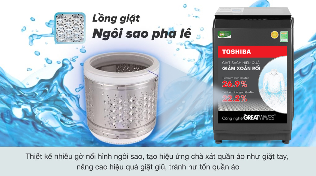 Máy Giặt Toshiba Inverter 9 kg AW-DK1000FV(KK) Máy giặt Toshiba Inverter 9.0 kg AW-DK1000FV(KK) - Lồng giặt ngôi sao pha lê