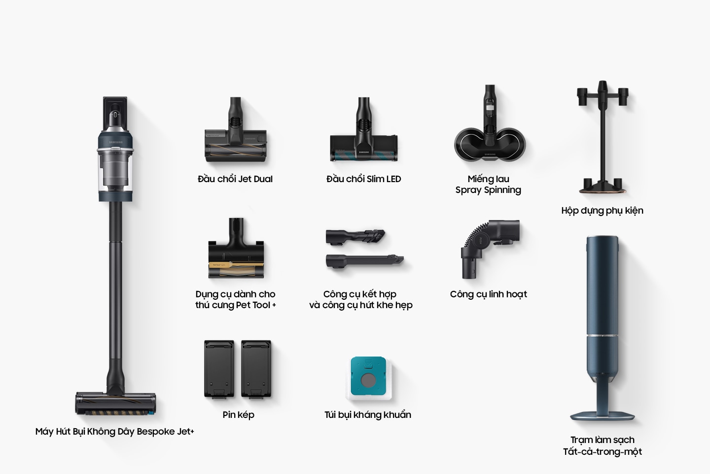 may-hut-bui-bespoke-samsung-vs20b95993b-sv-73659-14 Các bộ phận đi kèm trong hộp bao gồm Bespoke Jet Plus Pro Extra, Jet Dual Brush, Spray Spinning Sweeper, Pet tool+, Công cụ kết hợp & Công cụ kẽ hở tầm xa, Công cụ Flex, Túi chứa bụi (1 lắp, 2 phụ), 2 pin, Phụ kiện Giá đỡ, Trạm làm sạch tất cả trong một.