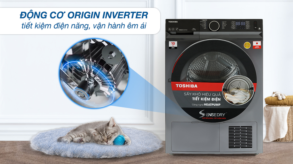Máy Sấy Bơm Nhiệt Toshiba 10 Kg TD-BK110GHV(MK) Máy sấy bơm nhiệt Toshiba 10 kg TD-BK110GHV(MK) - Động cơ & công nghệ tiết kiệm điện