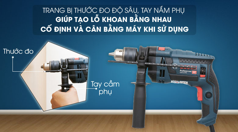 Máy khoan động lực Bosch GSB 16 RE (Vali nhựa) Trang bị tay nắm phụ và thước đo độ sâu tiện lợi - Máy khoan động lực Bosch GSB 16 RE