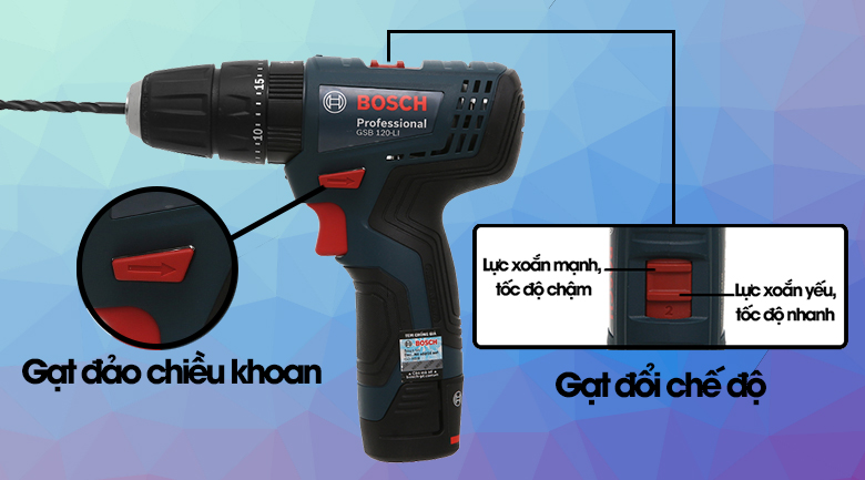 Máy khoan động lực pin Bosch GSB 120-LI GEN II Có hai chế độ lực truyền động cùng chức năng đảo chiều tiện lợi - Máy khoan động lực dùng pin Bosch GSB 120-LI 1 pin