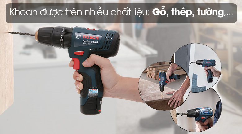 Máy khoan động lực pin Bosch GSB 120-LI GEN II Có thể khoan được trên nhiều chất liệu: gỗ, thép, tường,... - Máy khoan động lực dùng pin Bosch GSB 120-LI 1 pin