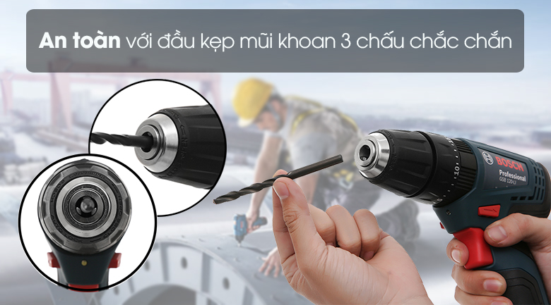 Máy khoan động lực pin Bosch GSB 120-LI GEN II Đầu kẹp mũi khoan 3 chấu - Máy khoan động lực dùng pin Bosch GSB 120-LI 1 pin