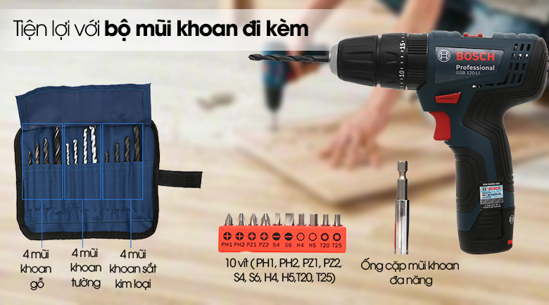 Máy khoan động lực pin Bosch GSB 120-LI GEN II Tiện lợi với bộ mũi khoan đi kèm - Máy khoan động lực dùng pin Bosch GSB 120-LI 1 pin
