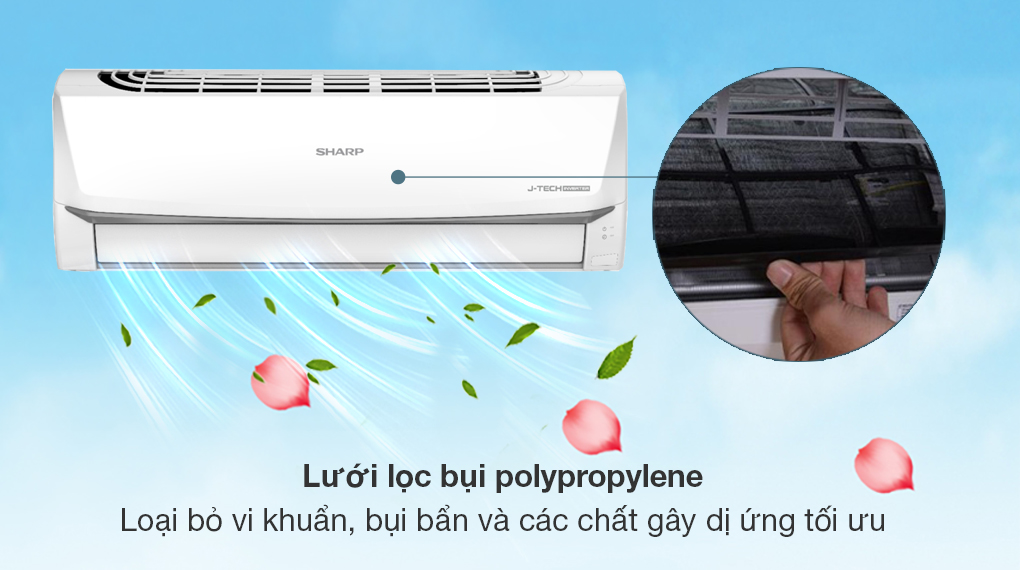 Máy lạnh Sharp Inverter 1.5 HP AH-X13ZEW Máy lạnh Sharp Inverter 1.5 HP AH-X13ZEW - Lưới lọc bụi polypropylene mang lại bầu không khí trong lành, sạch khuẩn cho căn phòng