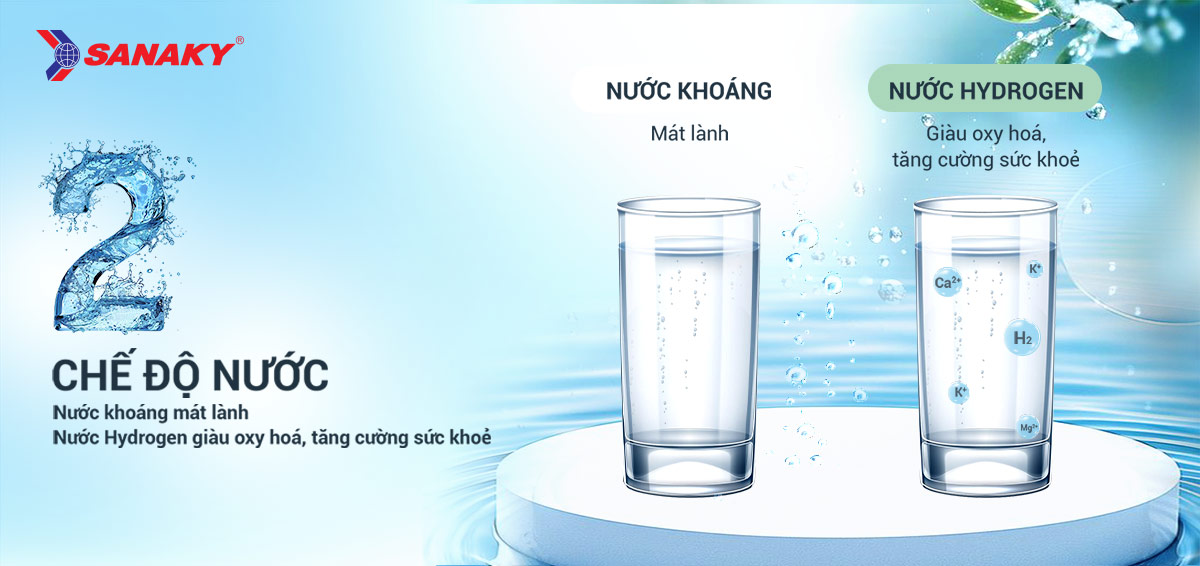 Sở hữu 2 chế độ nước: Khoáng và Hydrogen Máy lọc nước Hydrogen Sanaky SNK-TV1HK022 Sở hữu 2 chế độ nước: Khoáng và Hydrogen