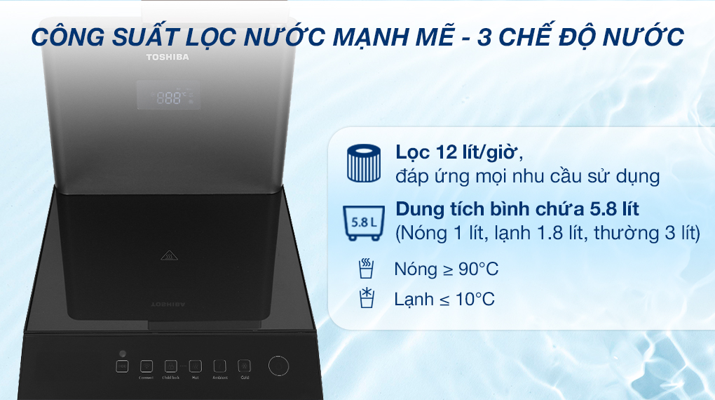 Máy lọc nước Toshiba Originpure TWP-W2398SVN(M) Máy lọc nước RO nóng nguội lạnh Toshiba TWP-W2398SVN(M) 10 lõi - Công suất lọc