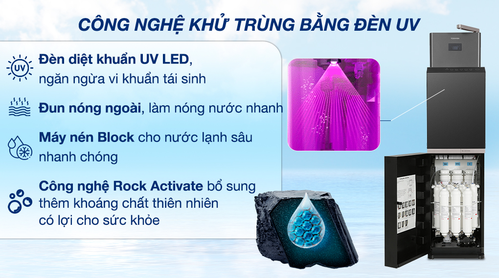 Máy lọc nước Toshiba Originpure TWP-W2398SVN(M) Máy lọc nước RO nóng nguội lạnh Toshiba TWP-W2398SVN(M) 10 lõi - Đèn diệt khuẩn UV