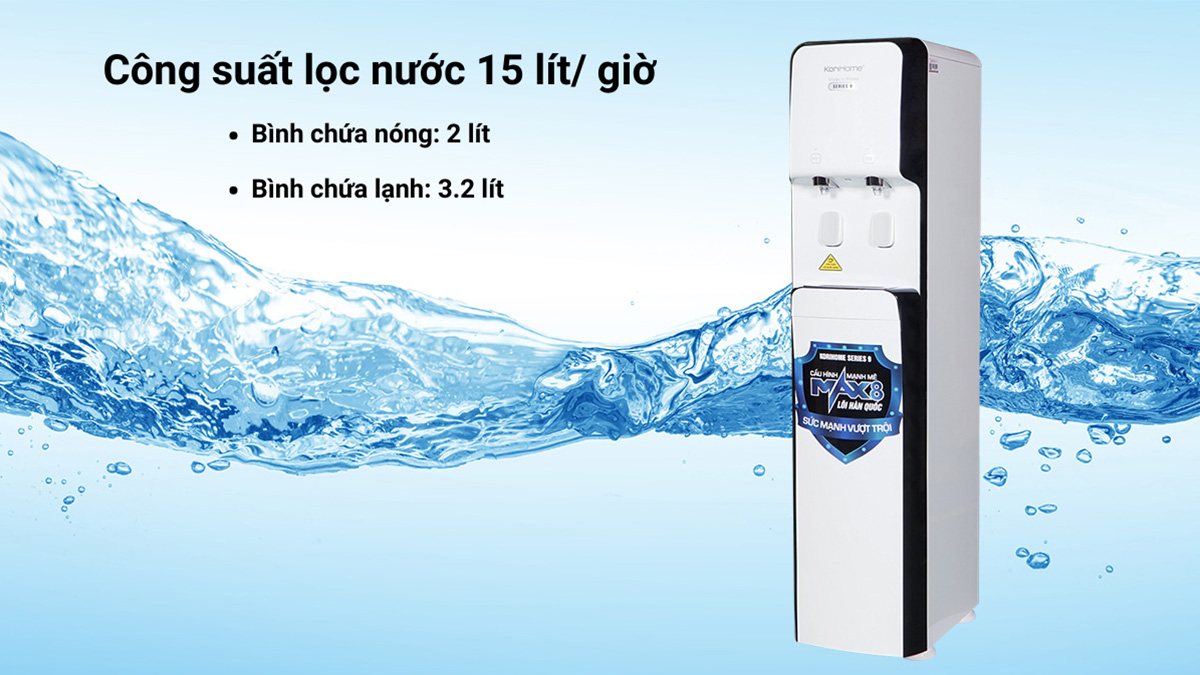 Máy lọc nước nóng lạnh Korihome 8 lõi WPK-938 Korihome WPK-938 8 lõi hoạt động công suất lọc tối đa 15 lít/ giờ