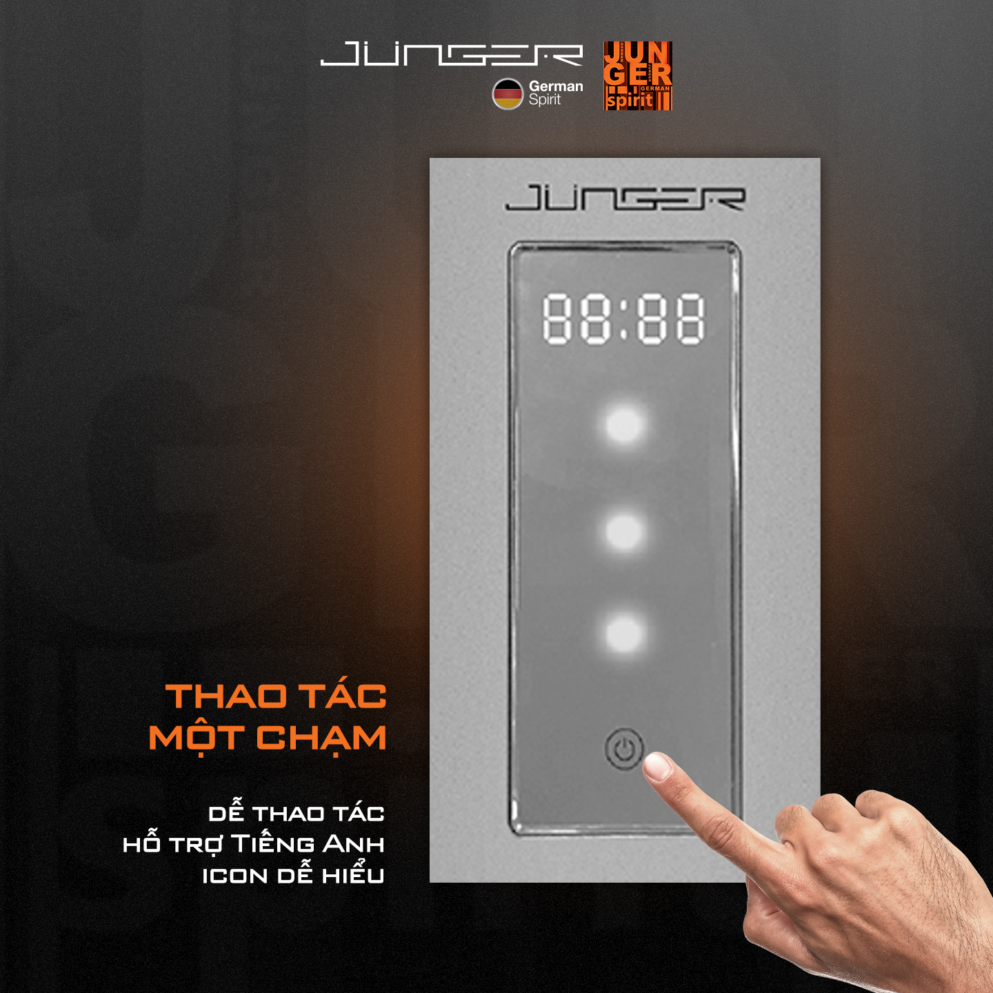 Máy rửa chén Junger DWJ-101 DWJ-101 được trang bị bảng điều khiển cảm ứng trực quan với màn hình LED hiển thị rõ ràng thông tin, dễ dàng thao tác