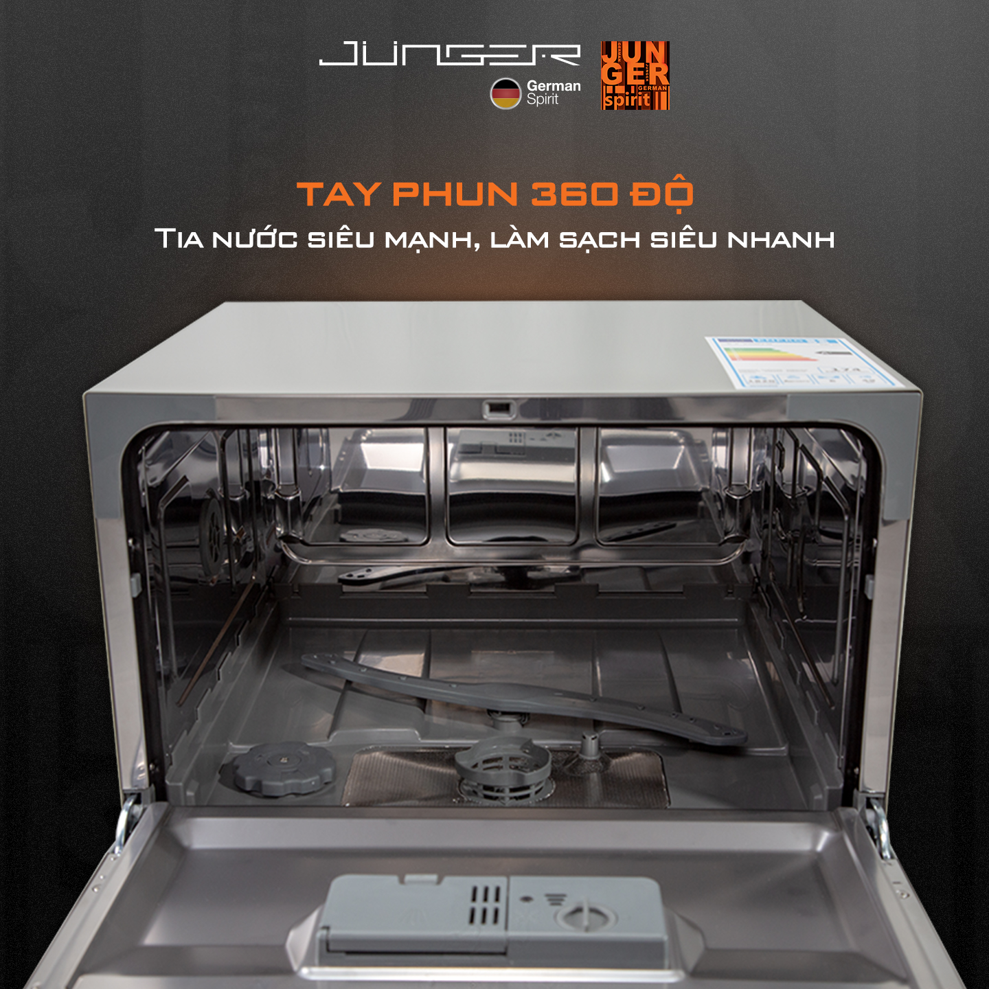 Máy rửa chén Junger DWJ-101 DWJ-101 được trang bị tay phun 360 độ không bỏ sót bất kỳ vị trí nào, đảm bảo đánh bay mọi vết bẩn cứng đầu