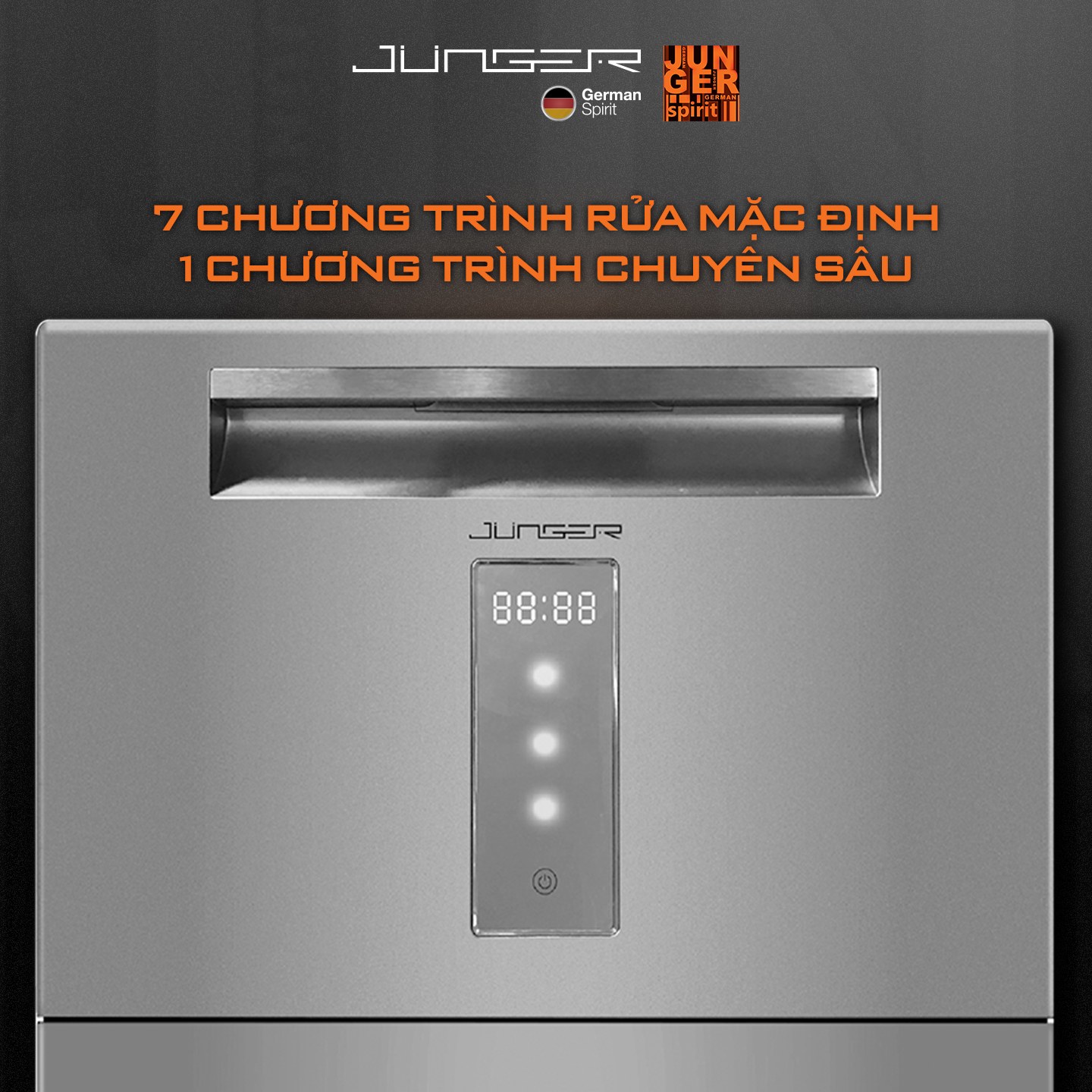 Máy rửa chén Junger DWJ-101 DWJ-101 được tích hợp 7 chương trình rửa mặc định + 1 chức năng chuyên sâu, mang đến hiệu quả làm sạch, sấy khô hoàn hảo
