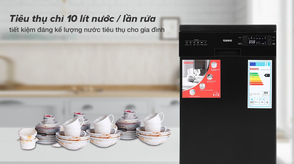 Máy rửa chén độc lập Galanz W45A3A401S-0E1(B) Tiêu thụ 10 lít nước trong mỗi lần rửa - Máy rửa chén Galanz W45A3A401S-0E1(B) 1850W