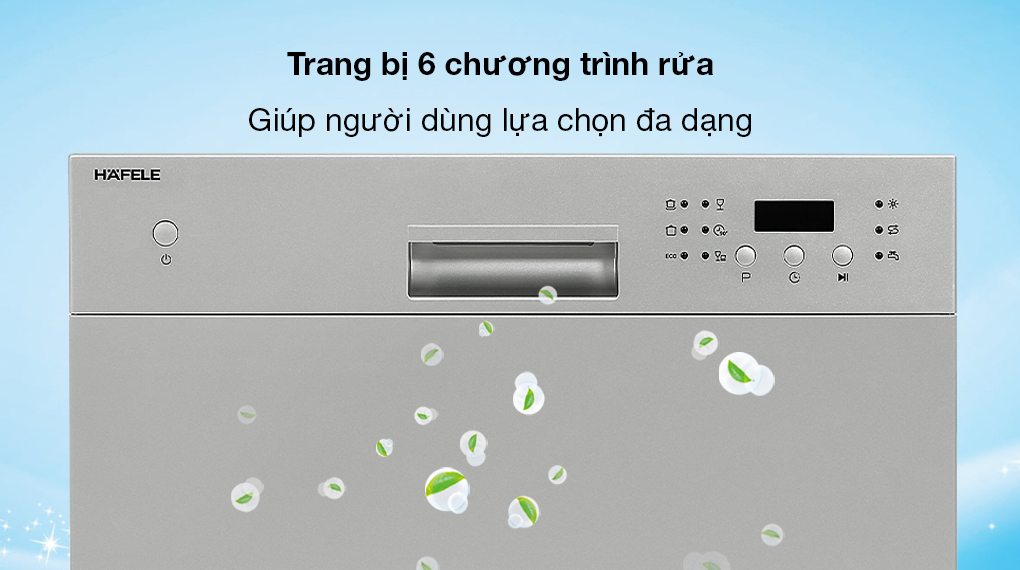 Máy rửa chén mini Hafele HDW-T50A Máy rửa chén mini Hafele HDW-T50A - Trang bị 6 chương trình rửa giúp người dùng thêm nhiều sự lựa chọn