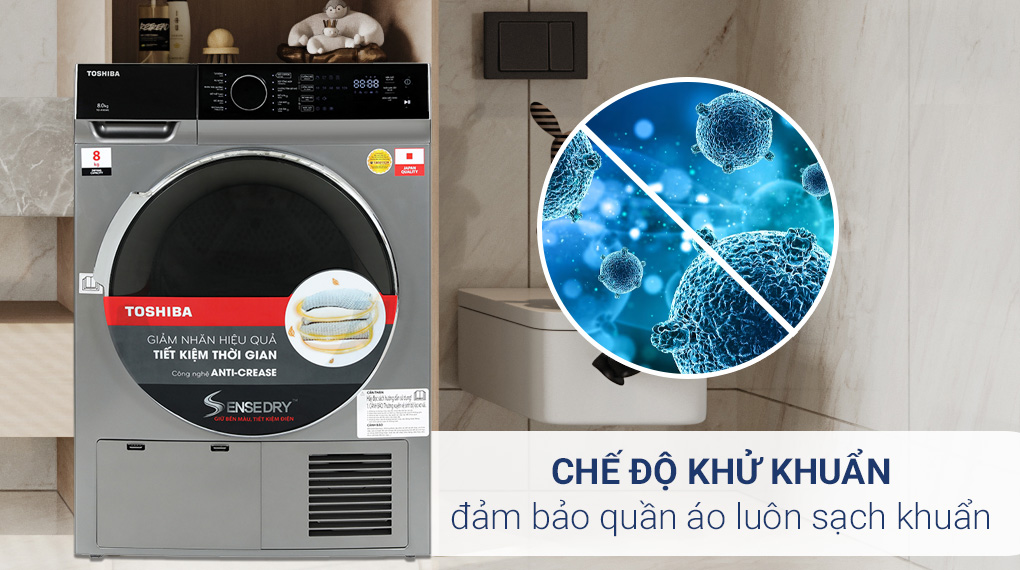 Máy sấy ngưng tụ Toshiba 8 Kg TD-K90MEV(SK) Máy sấy ngưng tụ Toshiba 8 kg TD-K90MEV(SK) - Diệt khuẩn