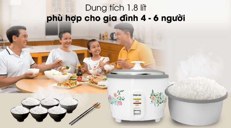 Dùng cho gia đình 4 - 6 người - Nồi cơm nắp rời Toshiba RC-18MH1PV(W) 1.8 lít Nồi cơm nắp rời Toshiba 1.8 lít RC-18MH1PV(F)