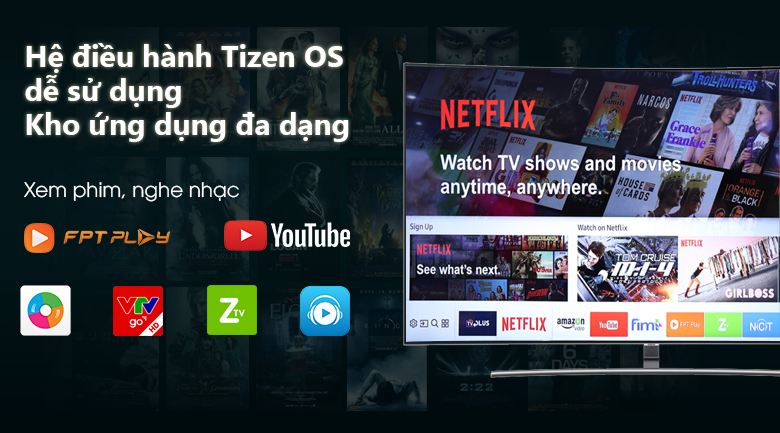 Hệ điều hành Tizen OS đi cùng kho ứng dụng phong phú Smart Tivi QLED Cong Samsung 4K 55 Inch 55Q8CNA Hệ điều hành Tizen OS đi cùng kho ứng dụng phong phú