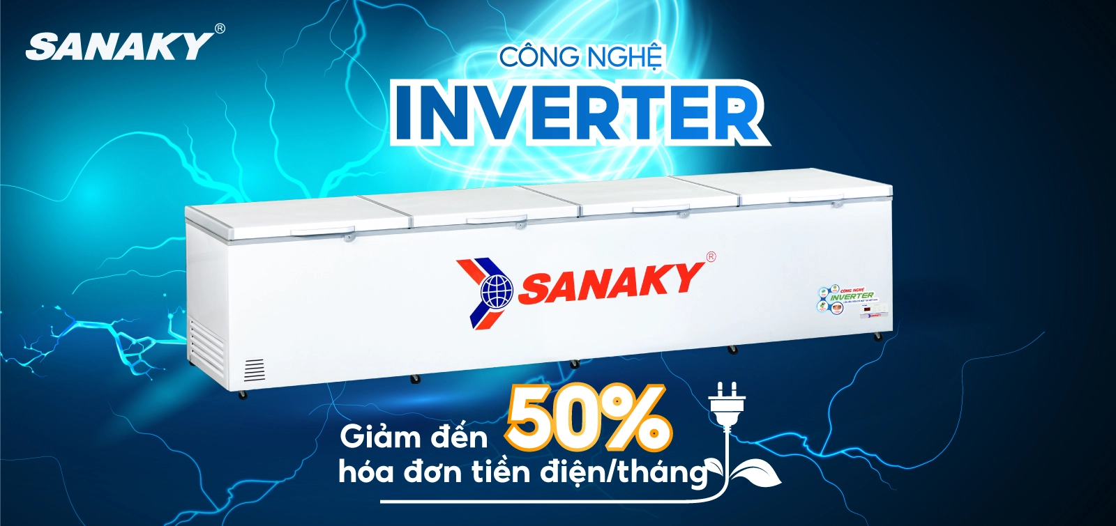 Giảm thiểu 50% hóa đơn điện/tháng với công nghệ Inverter siêu tiết kiệm điện Tủ Đông Inverter Sanaky 2000 Lít VH-2399HY3 Giảm thiểu 50% hóa đơn điện/tháng với công nghệ Inverter siêu tiết kiệm điện
