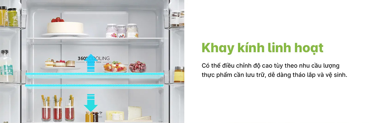 Tủ Lạnh Aqua Inverter 469 Lít AQR-M560XA(GL) Khay kính chịu lực, linh hoạt điều chỉnh