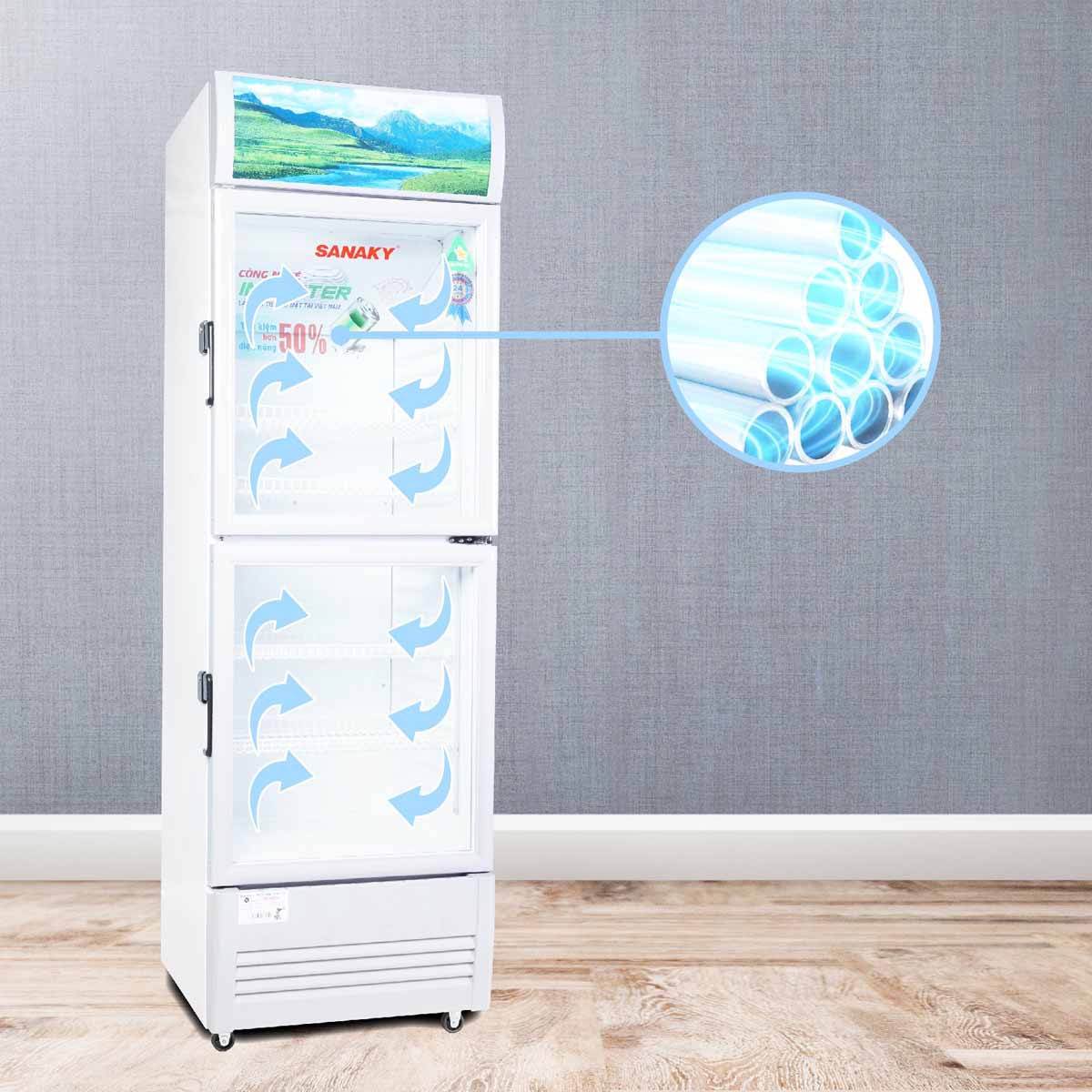 tu-mat-sanaky-inverter-250-lit-vh-258w3l-53780-2 Tủ Mát Sanaky Inverter 200 Lít VH-258W3L Dàn lạnh nhôm nâng cao quá trình truyền nhiệt