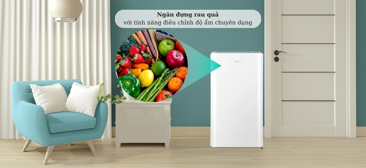 Tủ lạnh Hisense 82 Lít HR08DW Ngăn đựng rau quả với tính năng điều chỉnh độ ẩm chuyên dụng