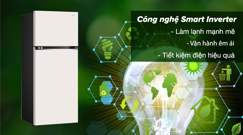 Tủ lạnh LG Inverter 395 Lít GN-B392BG Tủ lạnh LG Inverter 395 lít GN-B392BG - Công nghệ Smart Inverter tiết kiệm điện hiệu quả, hoạt động êm ái và bền bỉ theo thời gian