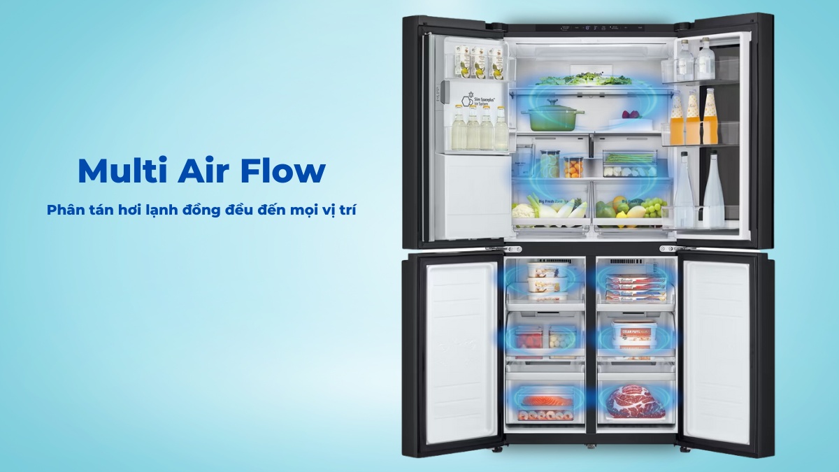 Tủ lạnh LG Inverter 508 Lít LFI50BLMAI Công nghệ Multi Air Flow phân tán hơi lạnh đồng đều đến mọi vị trí trong tủ