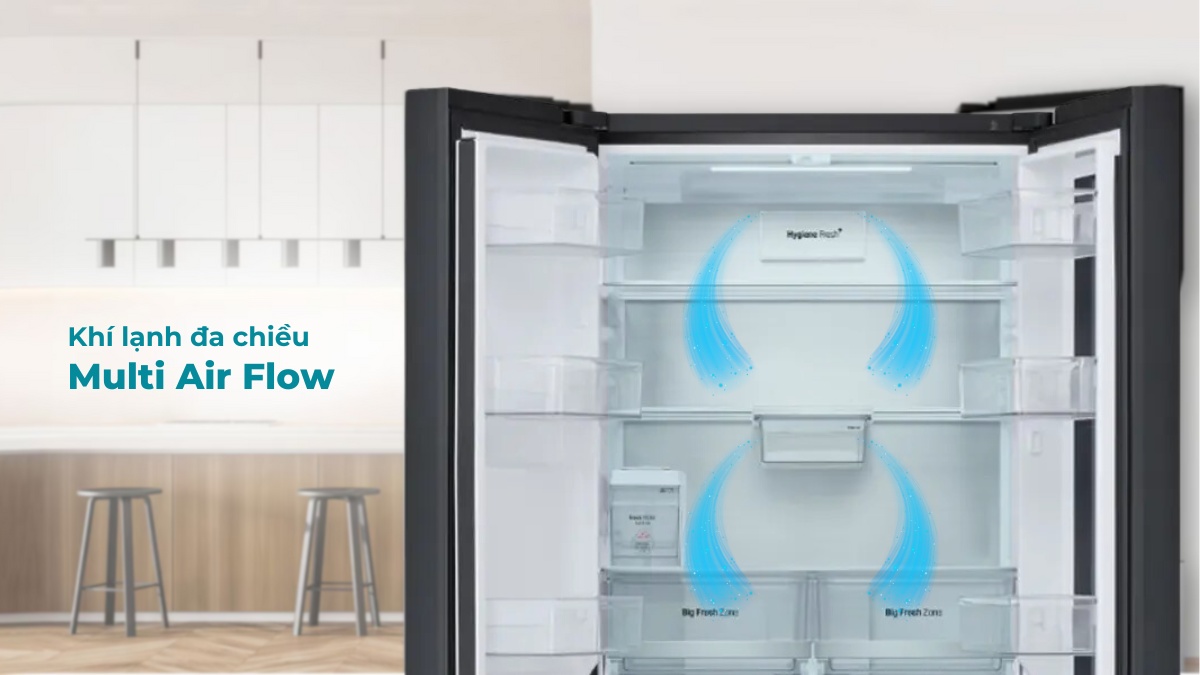 Tủ lạnh LG Inverter 612 Lít LFD61BLGAI Luồng khí lạnh đa chiều Multi Air Flow cung cấp hơi lạnh đồng đều khắp tủ
