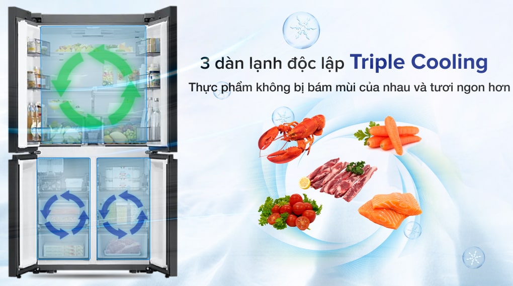 Tủ lạnh Samsung Inverter 599 Lít RF60A91R177/SV Tủ lạnh Samsung Inverter 599 lít RF60A91R177/SV - Thực phẩm tươi ngon hơn, với hệ thống ba dàn lạnh độc lập Triple Cooling